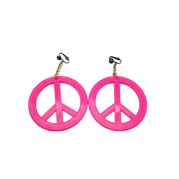 Pink Kitsch Peace Symbol Dangle Drop Earrings Gold Tone Vintage - Picture 1 of 5